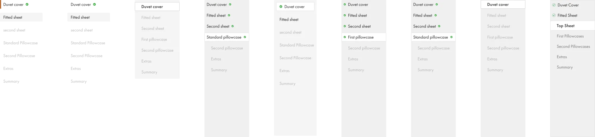 Desktop progress-bar exploration: four placement variants for the step indicator.