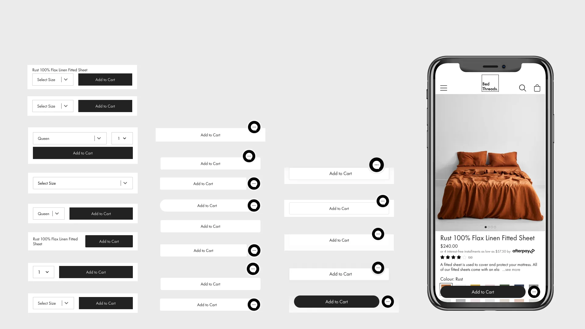 Sticky add-to-cart bar exploration: size + Add to Cart layout variants leading to the chosen pattern shown in context on mobile.