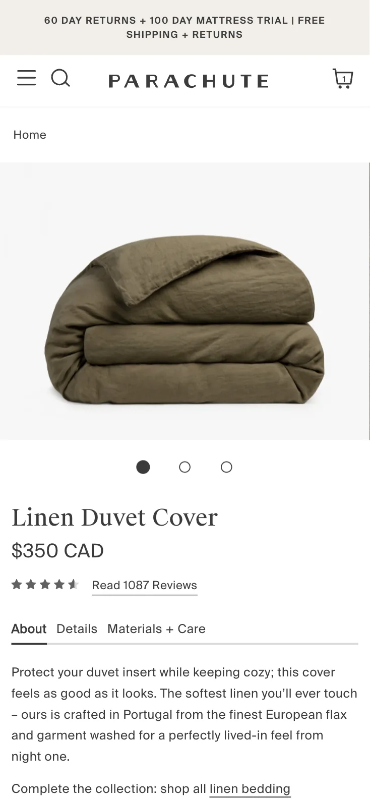 Parachute Linen Duvet Cover PDP: 60-day returns announcement banner, square hero, About/Details/Materials+Care tabs.