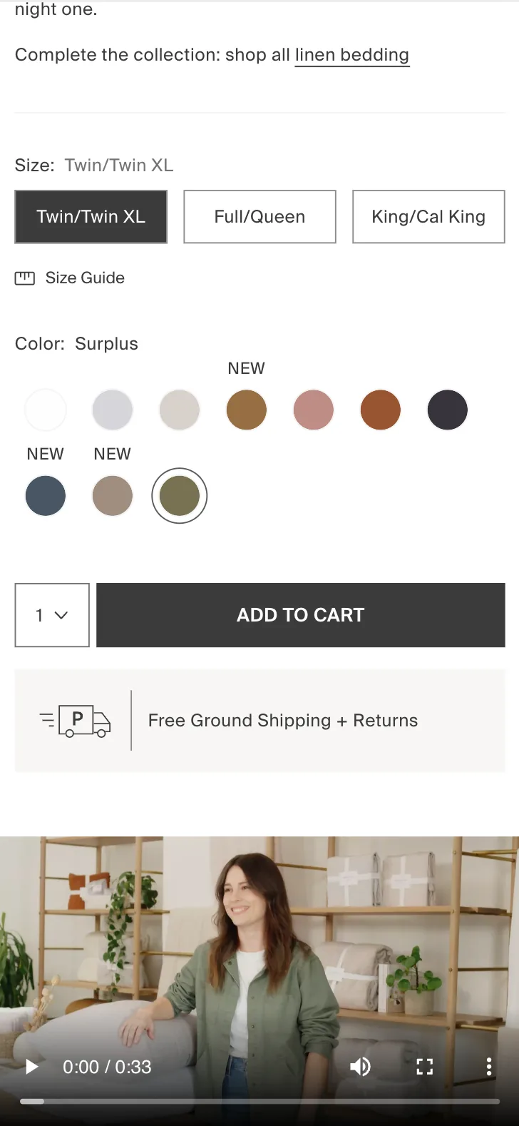 Parachute PDP: Twin/Full/Queen chips, large colour swatch grid with NEW callouts, free-shipping USP, on-PDP brand video.