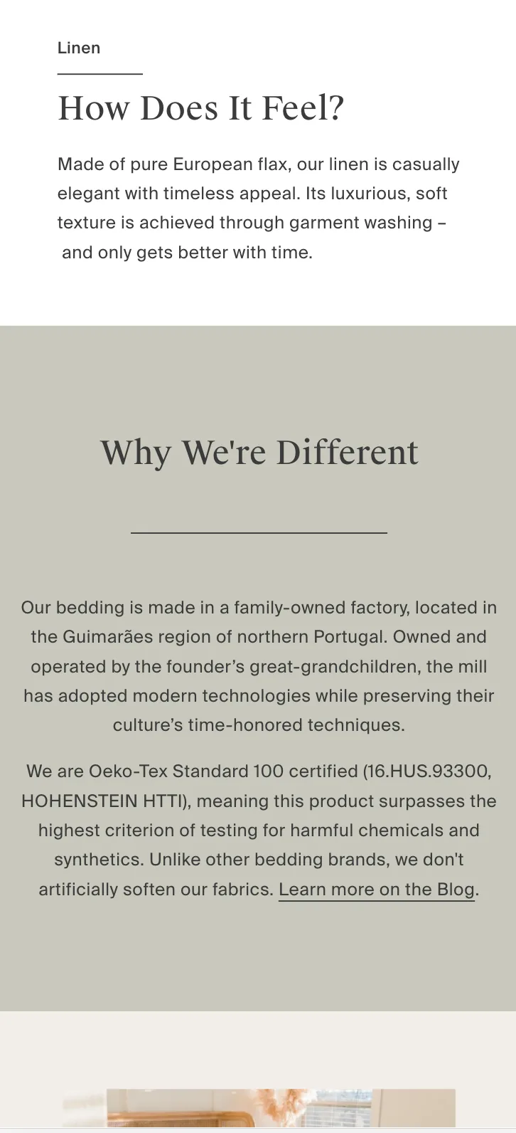 Parachute PDP: 'How Does It Feel?' linen story and 'Why We're Different' editorial with factory provenance and Oeko-Tex certification.