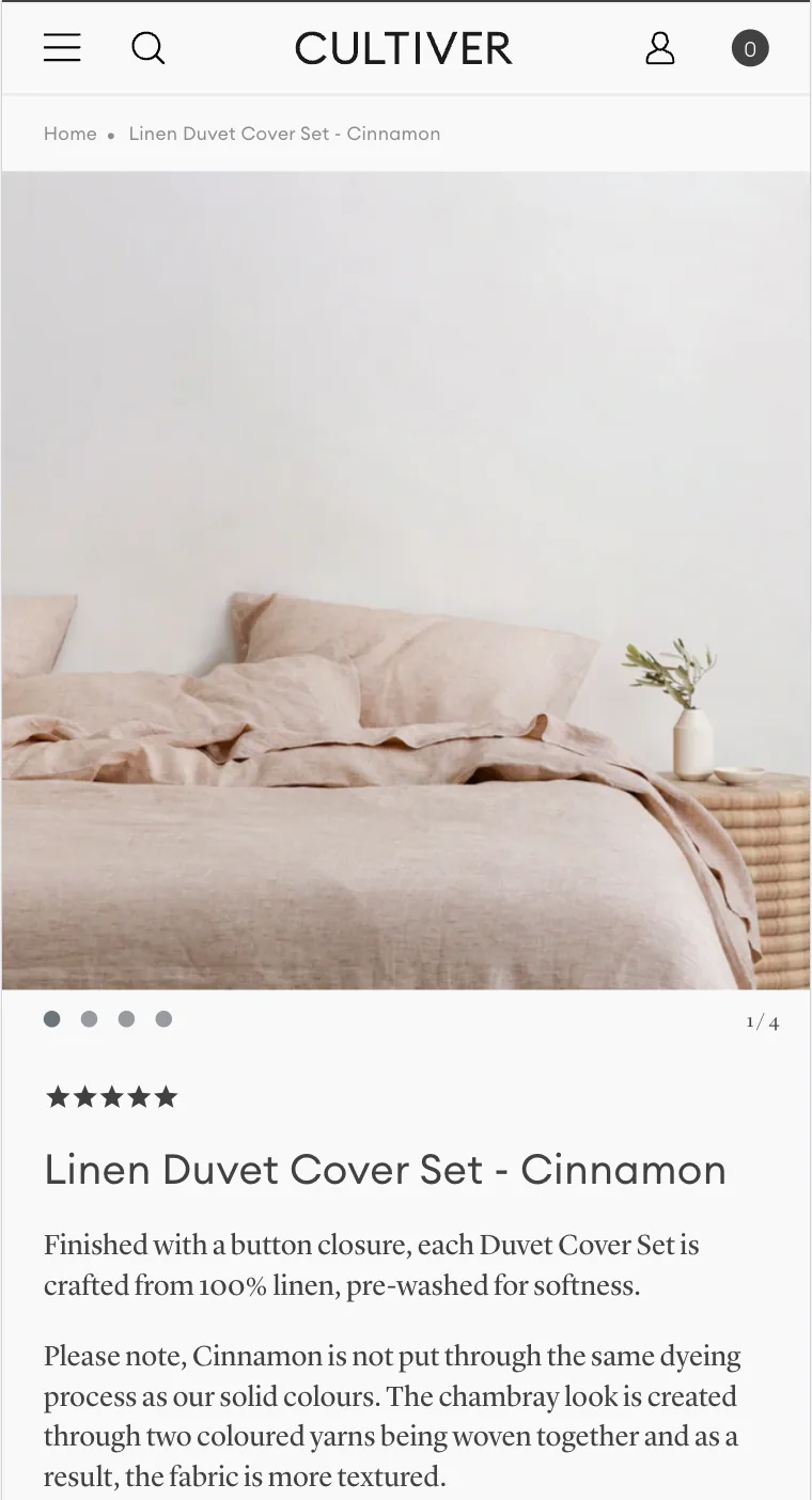 Cultiver Linen Duvet Cover PDP: landscape hero, breadcrumb, name + 5-star above the fold.