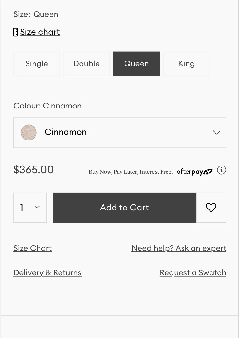 Cultiver PDP: Single/Double/Queen/King chips, colour dropdown, Afterpay messaging beside price, Add to Cart, Request a Swatch.