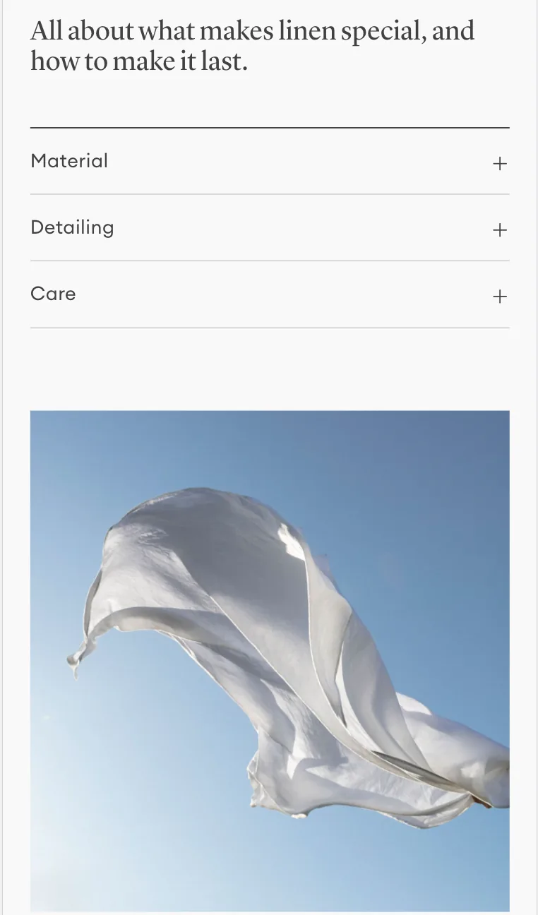 Cultiver PDP: linen education with Material / Detailing / Care accordion and lifestyle imagery.