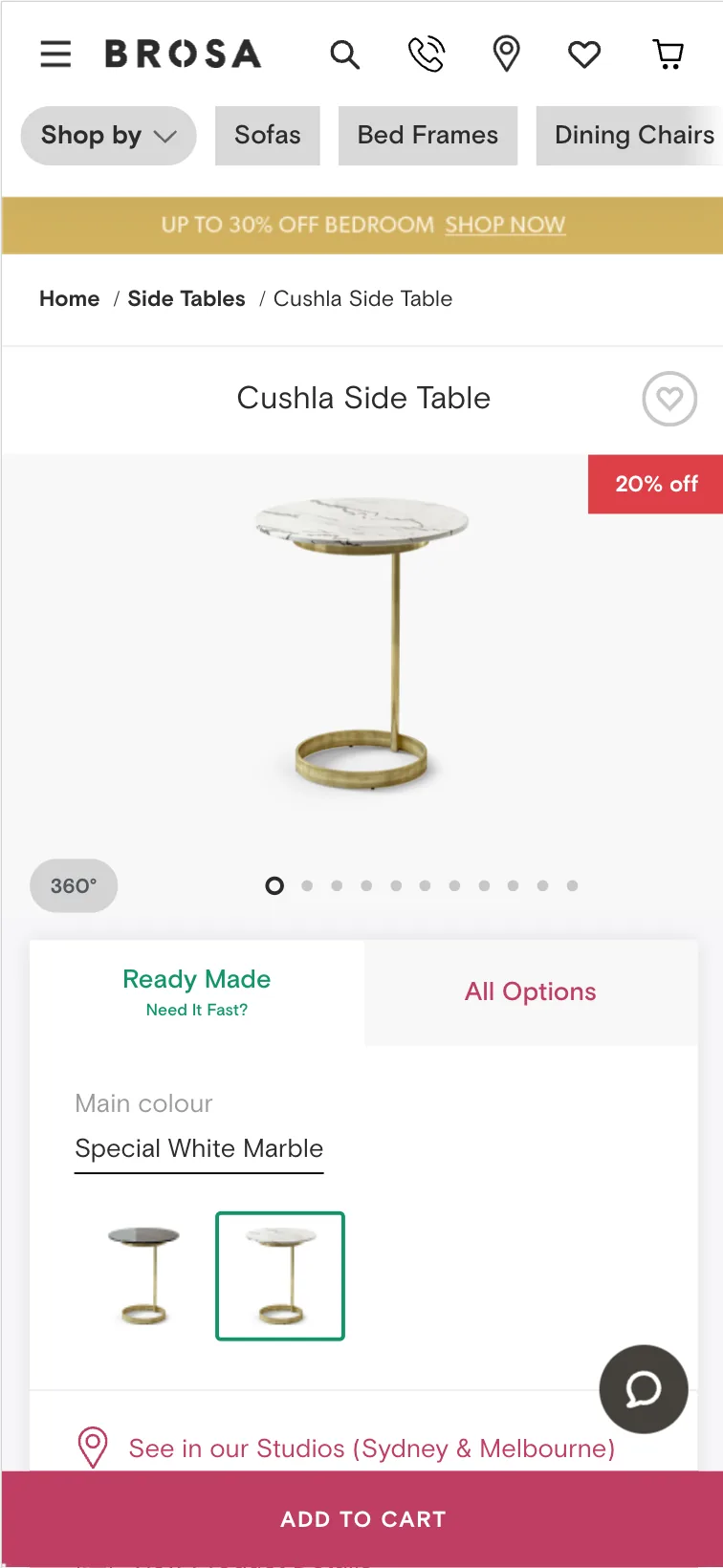 BROSA Cushla Side Table PDP: promo banner, breadcrumb, 360° badge in gallery, Ready Made vs All Options tabs.