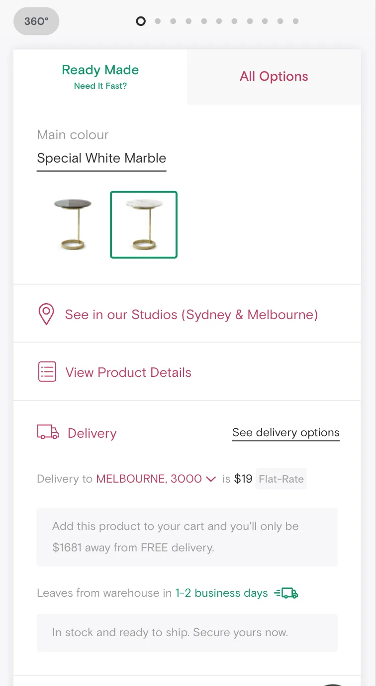 BROSA PDP: postcode-aware delivery cost, free-delivery threshold, dispatch ETA, in-stock callout.