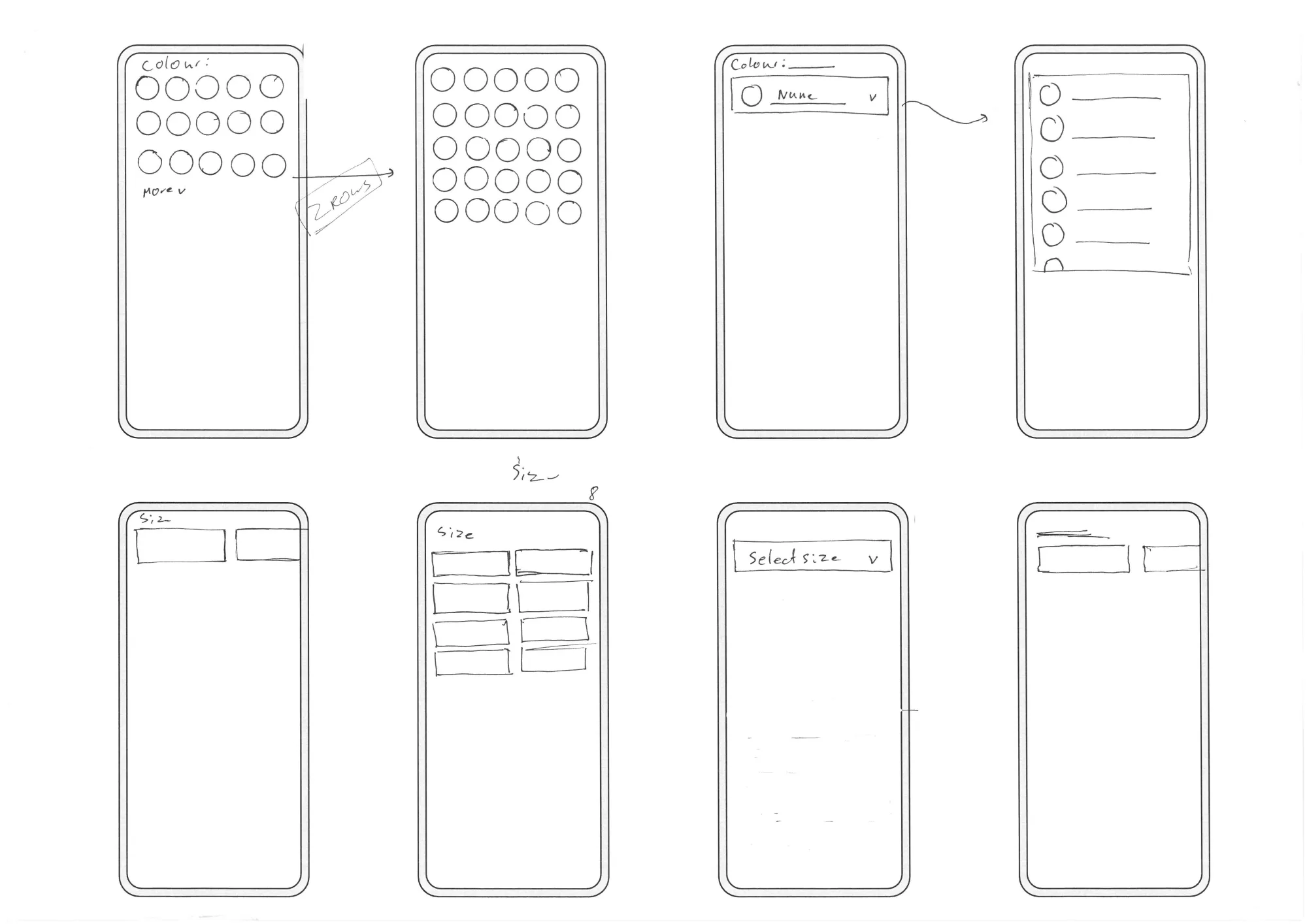 Component sketch: colour swatch density variations and size selector variants (dropdown, button grid, Select Size).