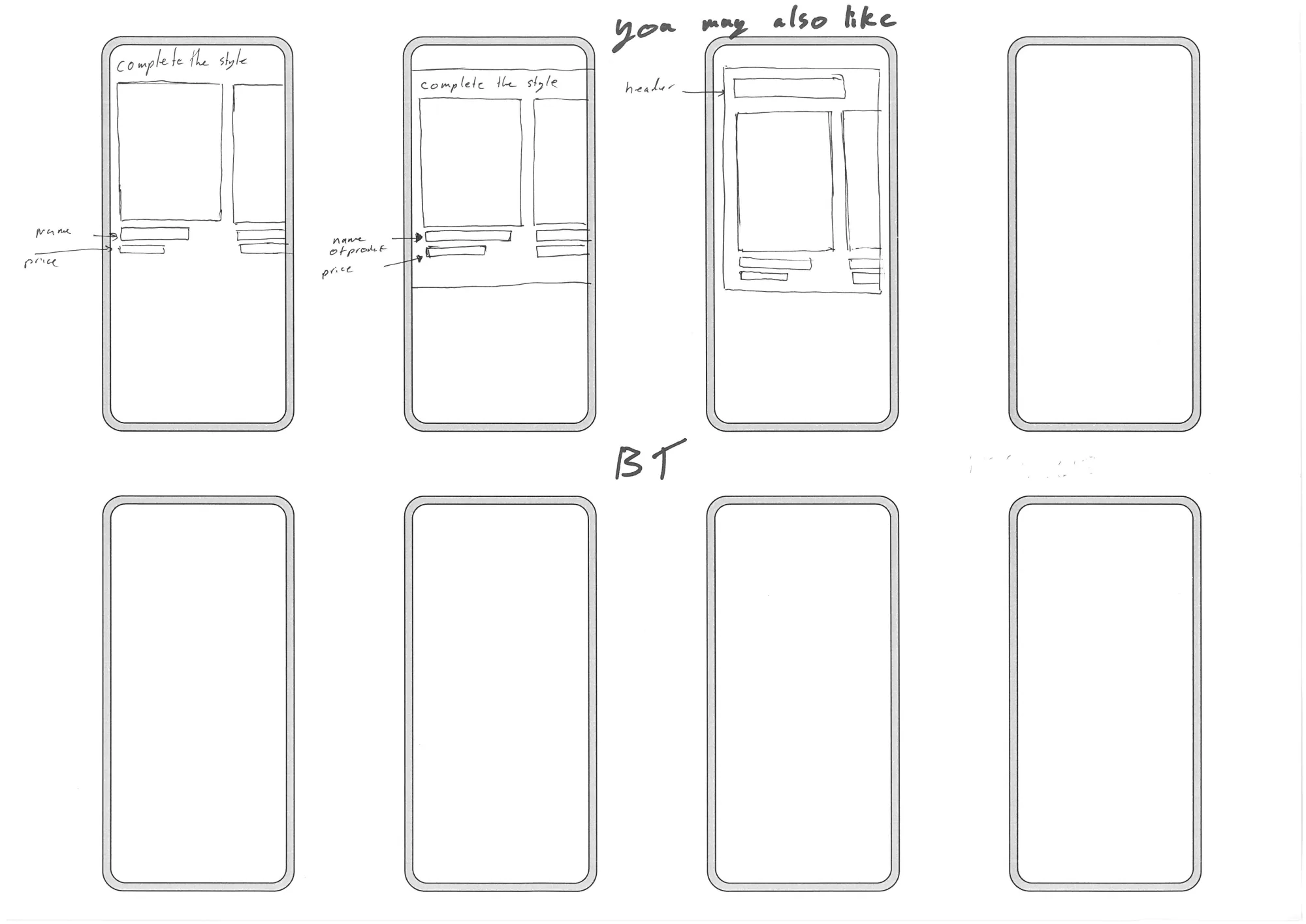 Component sketch: 'Complete the style' / 'You may also like' recommendations module.