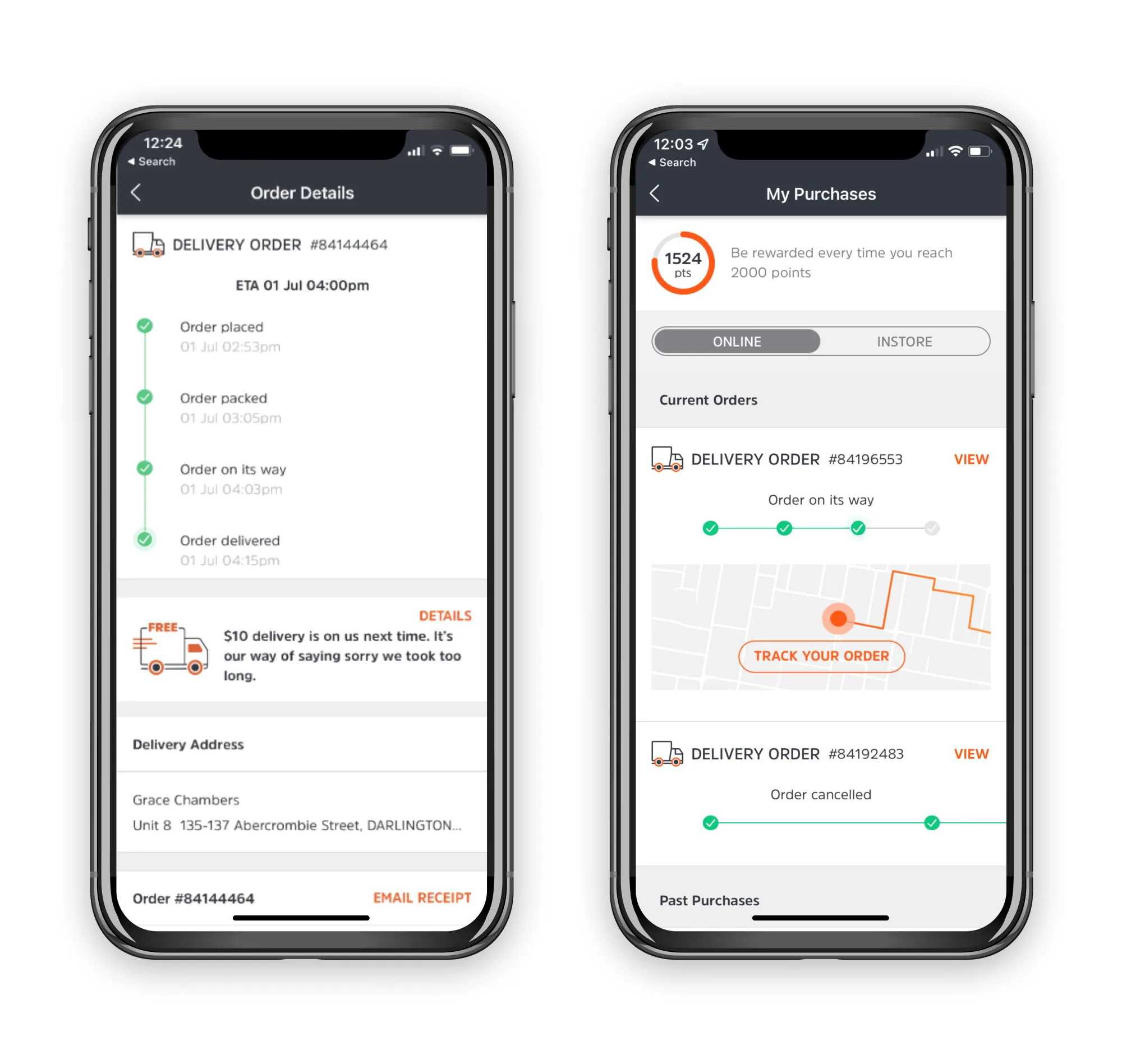 Low-fidelity test boards: paper-grade wireframes of the My purchases list and Order details screens, used to test layout hierarchy before any visual treatment.