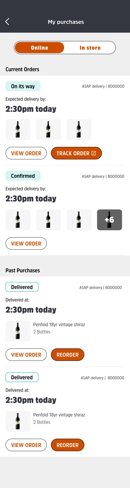 Redesigned BWS My purchases list: ETA leads, status tag carries colour and icon, each order tile links into detail.