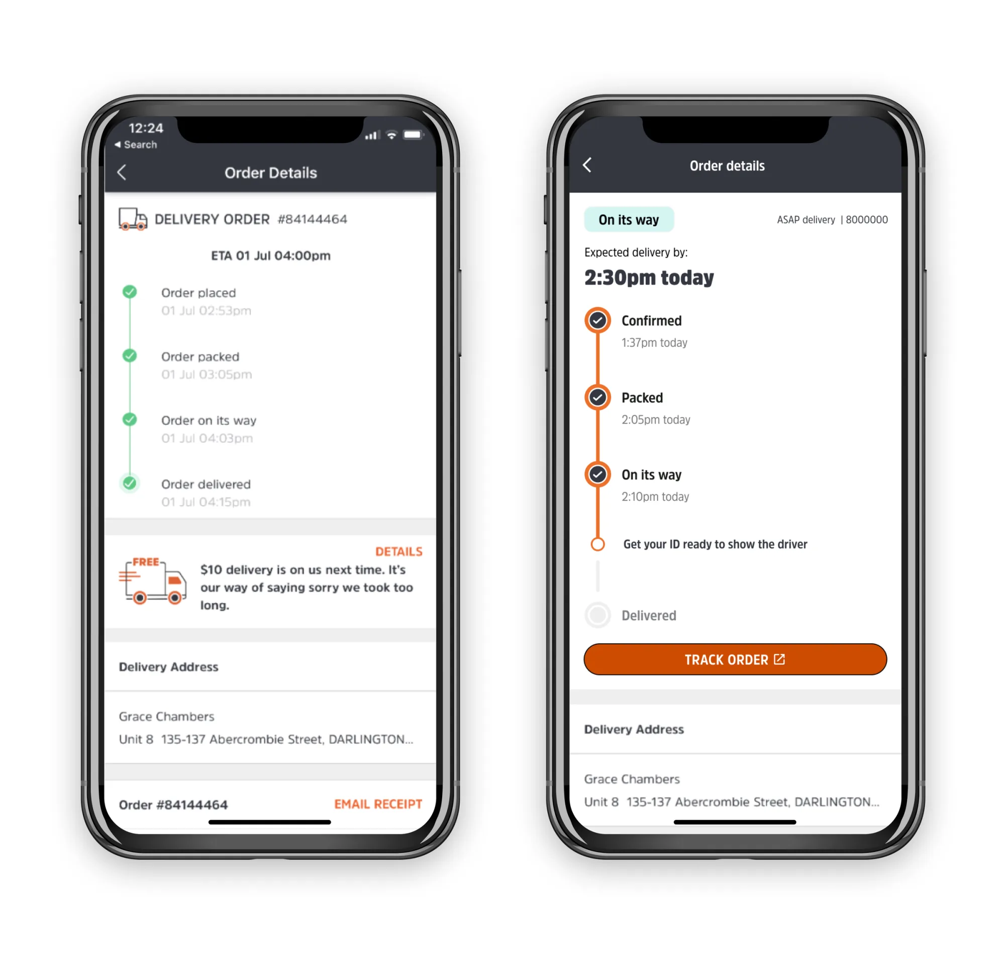 Redesigned BWS Order details: status tag and ETA top of screen, progress bar with happy and unhappy registers, contextual action buttons surfaced.