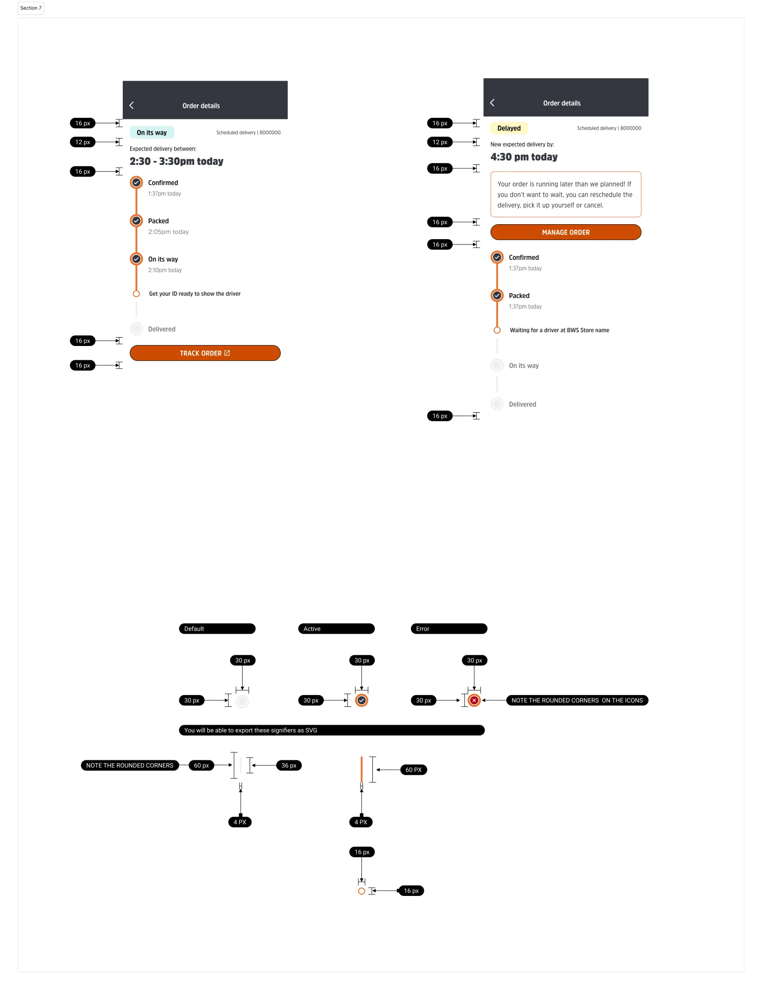 Annotated dev hand-off page covering interaction states, motion timing, and the conditional logic between API status responses and customer-facing tags.