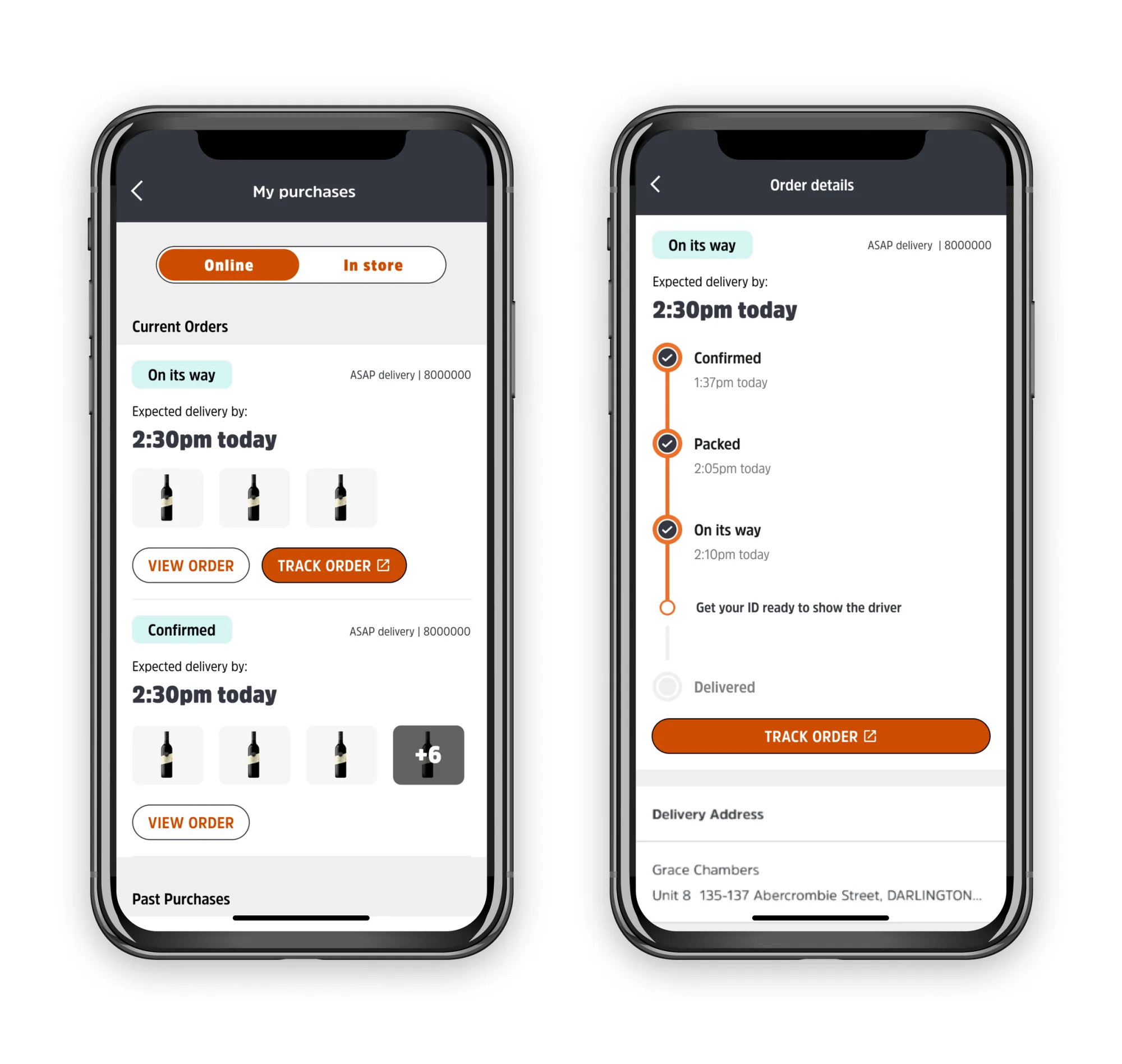 BWS final design: order status timeline across multiple states.