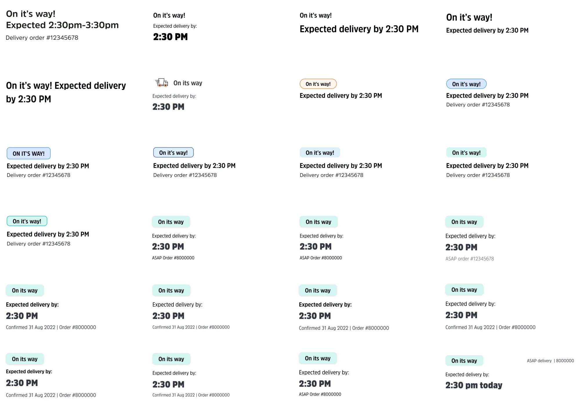 Ideation frames exploring how status tags, ETA, and order metadata fit together across list and detail tiles.