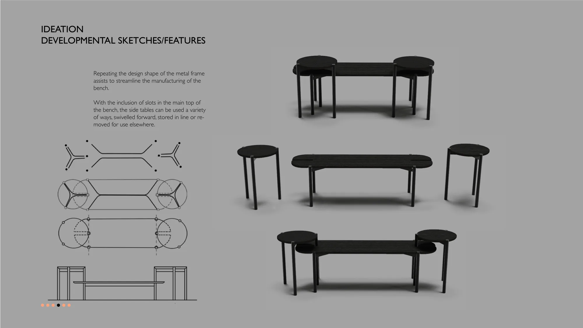 Bea bench: developmental sketches and features.