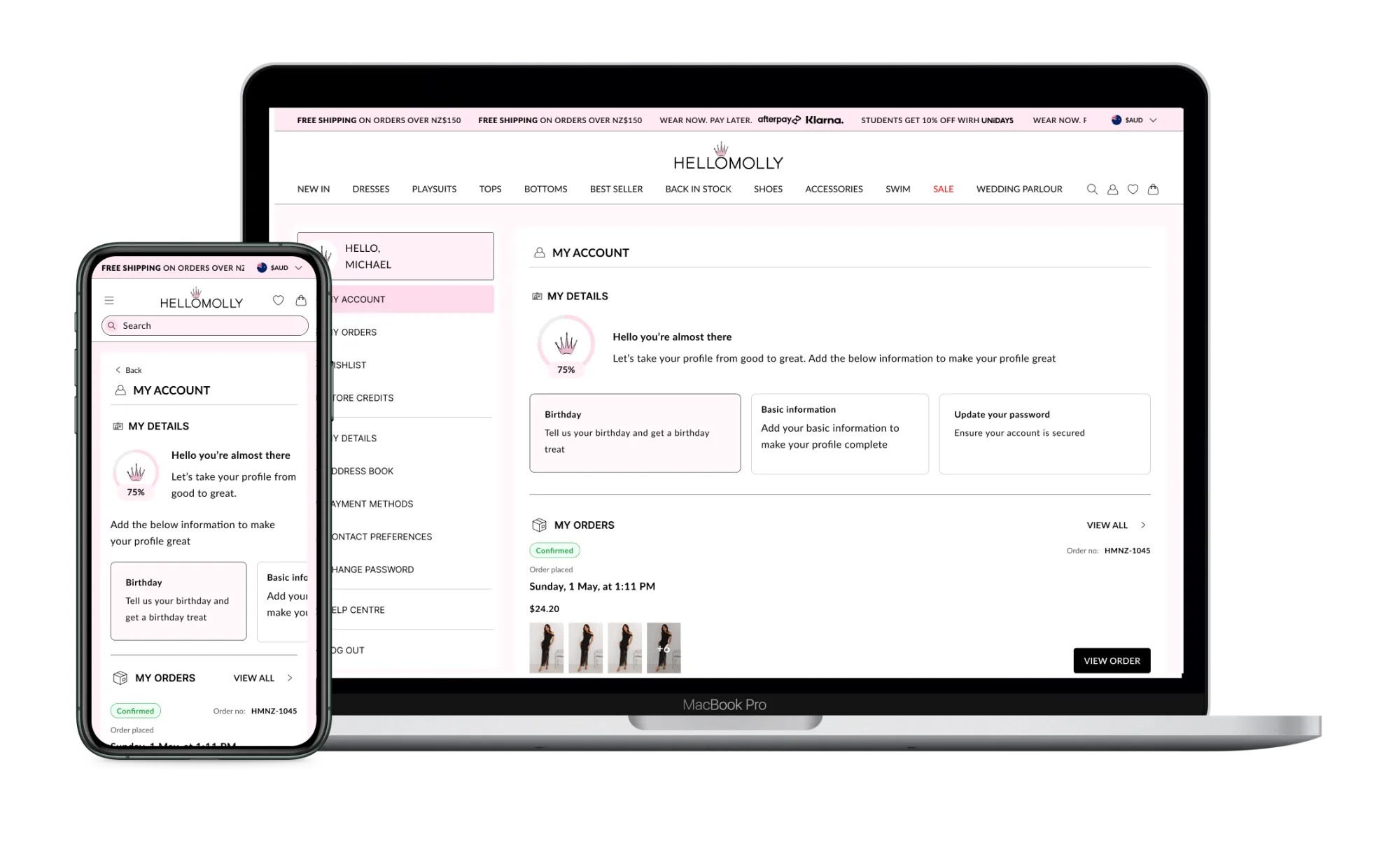 Product design example: Hello Molly account dashboard.