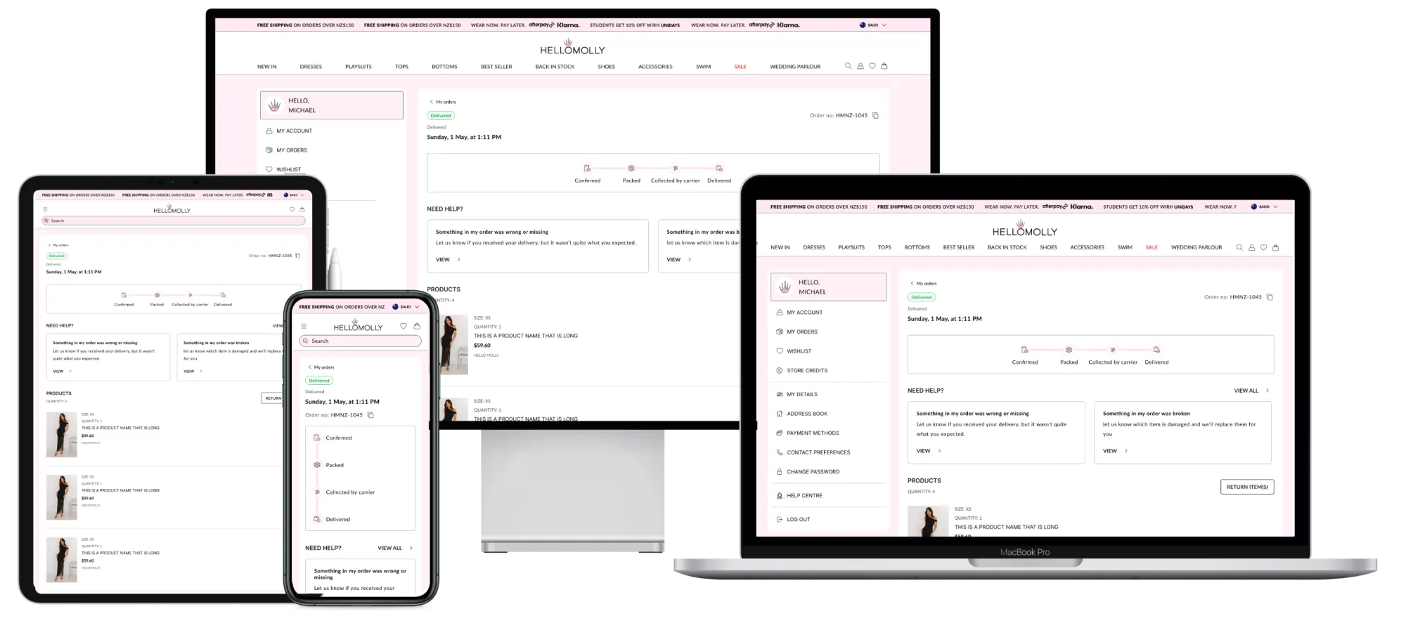Hello Molly accounts dashboard and returns flow shown across desktop and mobile.
