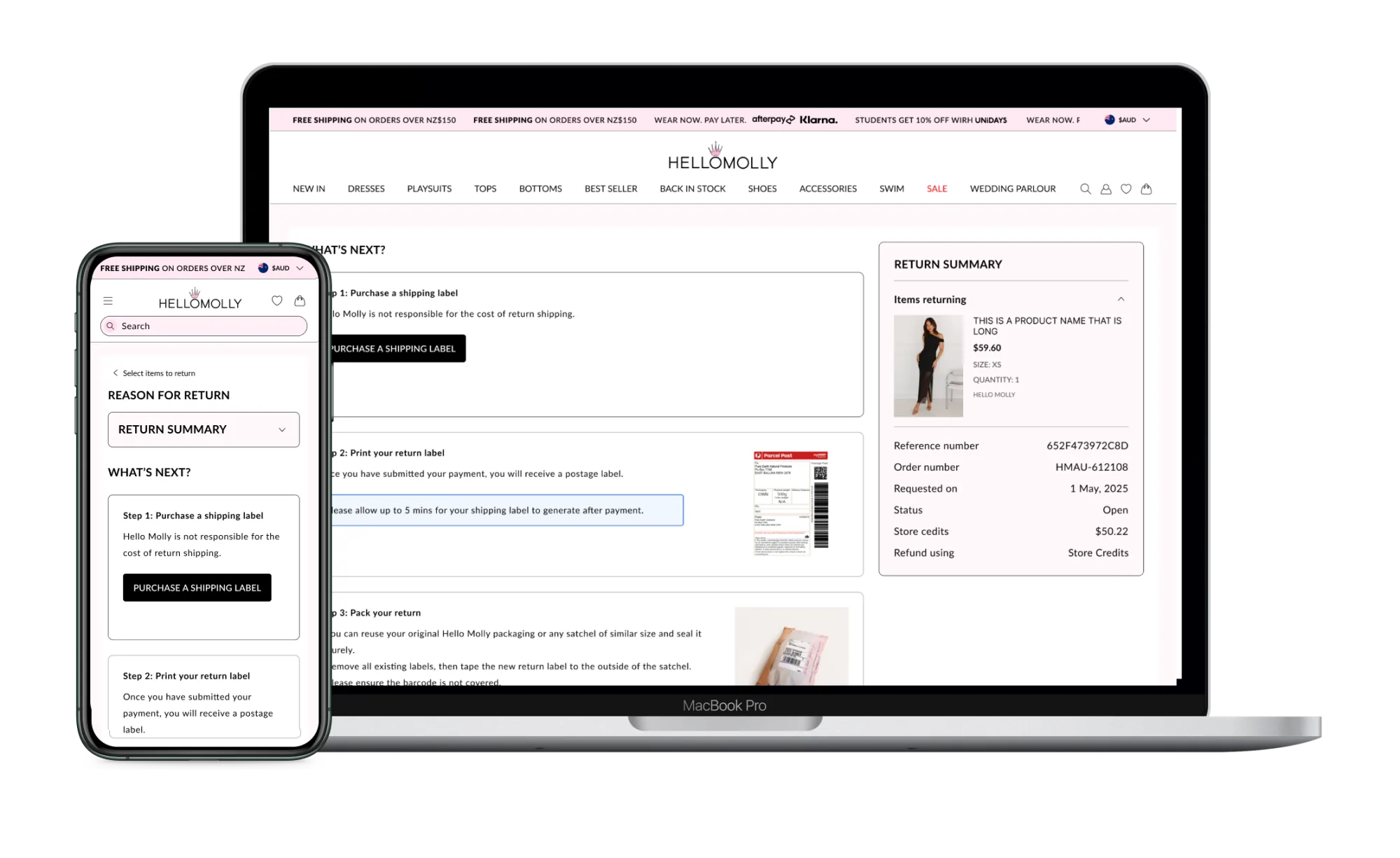 Returns summary screen: recap of items, reasons, and fees before the customer commits.