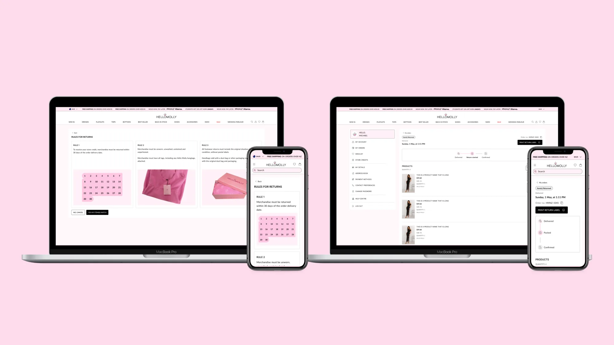 Hello Molly accounts dashboard and returns flow shown across desktop and mobile mockups.