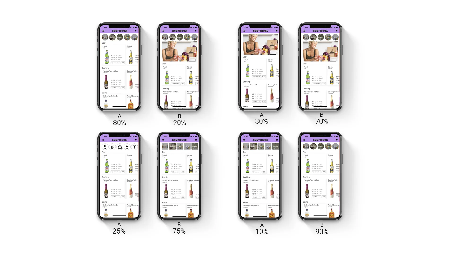 Two A/B test variants of the Jimmy Brings home screen, side-by-side: vertical category list vs horizontal multi-axis lanes.