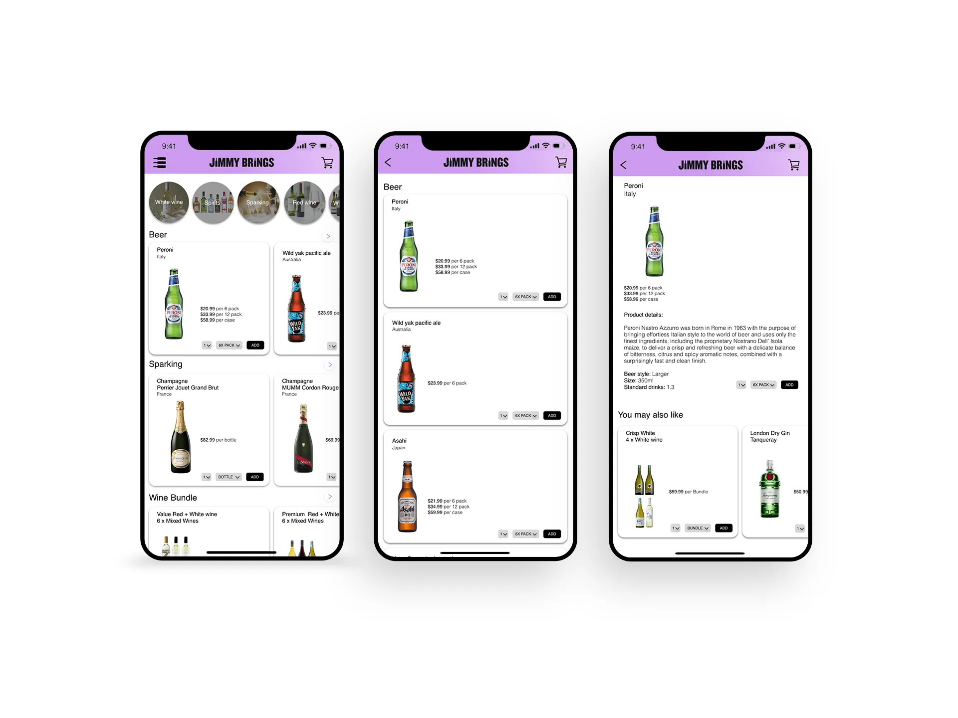 Jimmy Brings final home screen: horizontal category lanes, lighter palette, premium feel.