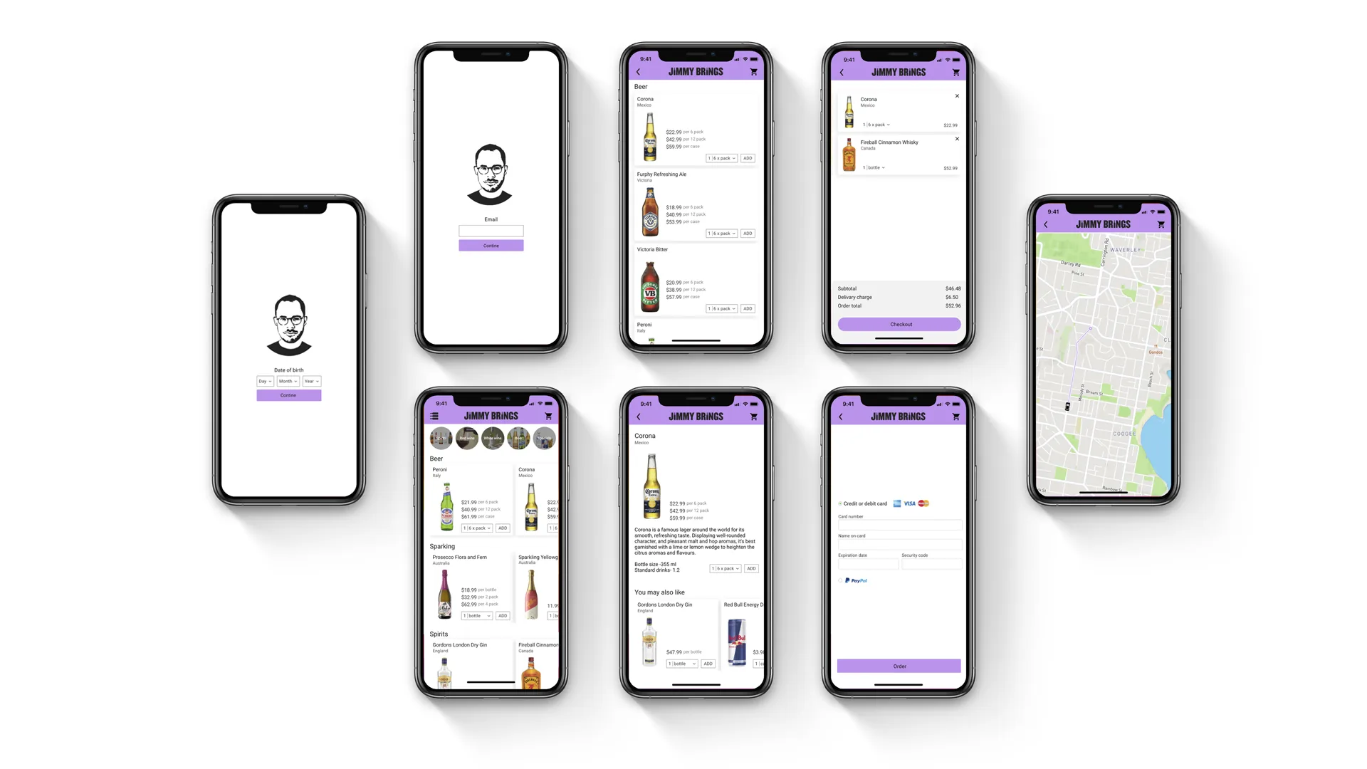 Eight-screen Jimmy Brings UI flow: age-gate, email, home, category, product, cart, payment, and live tracking.