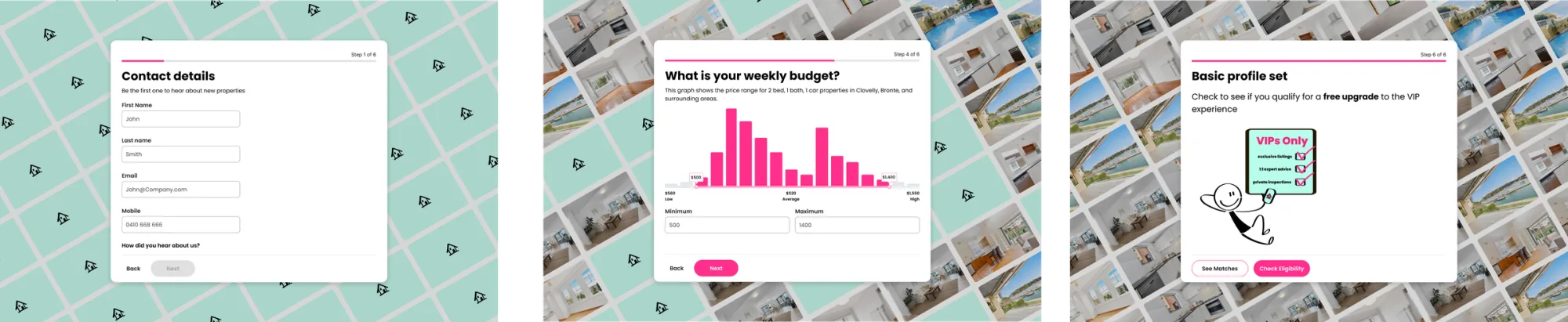 Property report dashboard with four surfaces: 90-day price prediction chart, application summary, renter matches, and a quick actions panel.