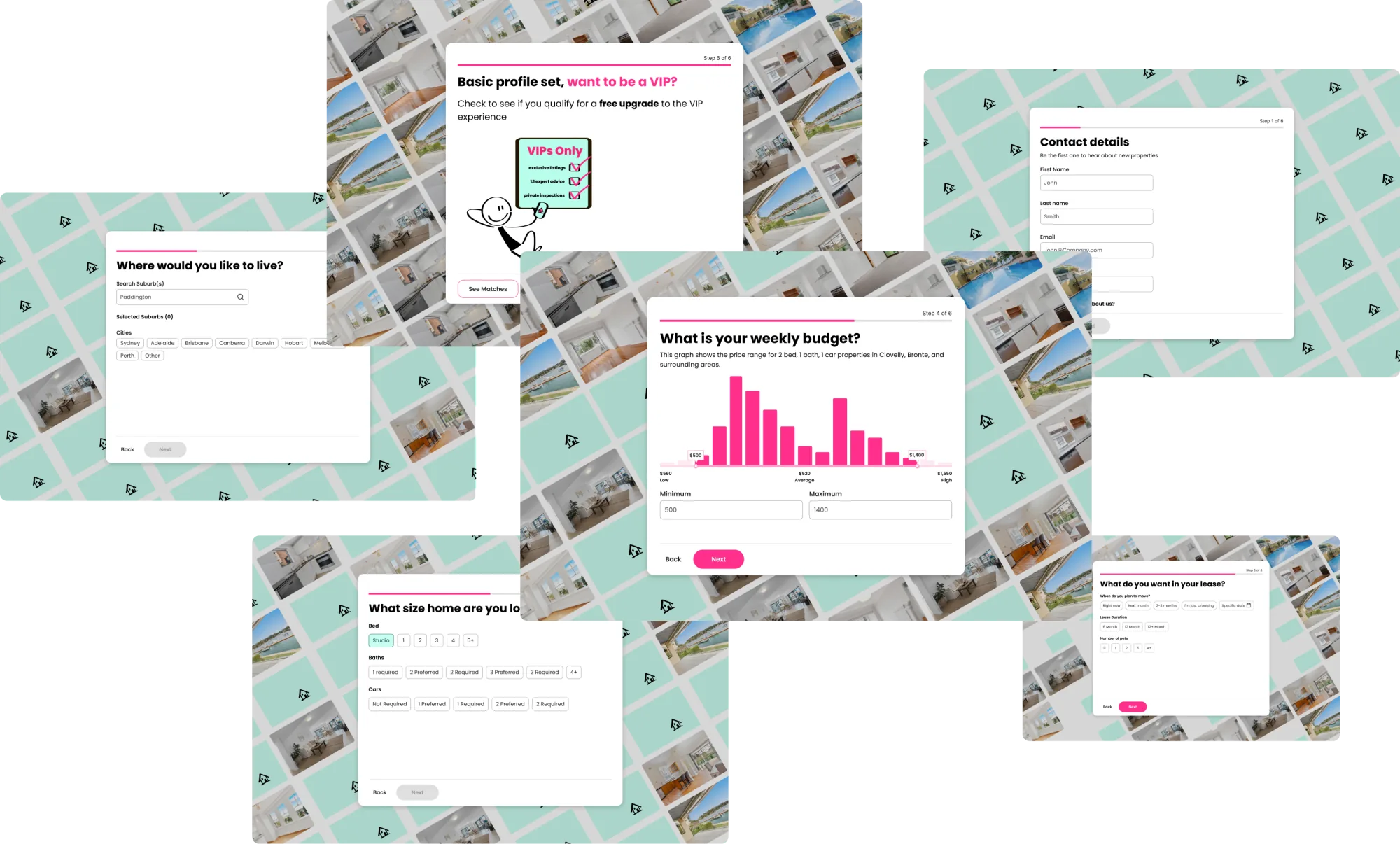 Sign-up flow exploration B: three-step layout with the property photograph revealed progressively across steps.