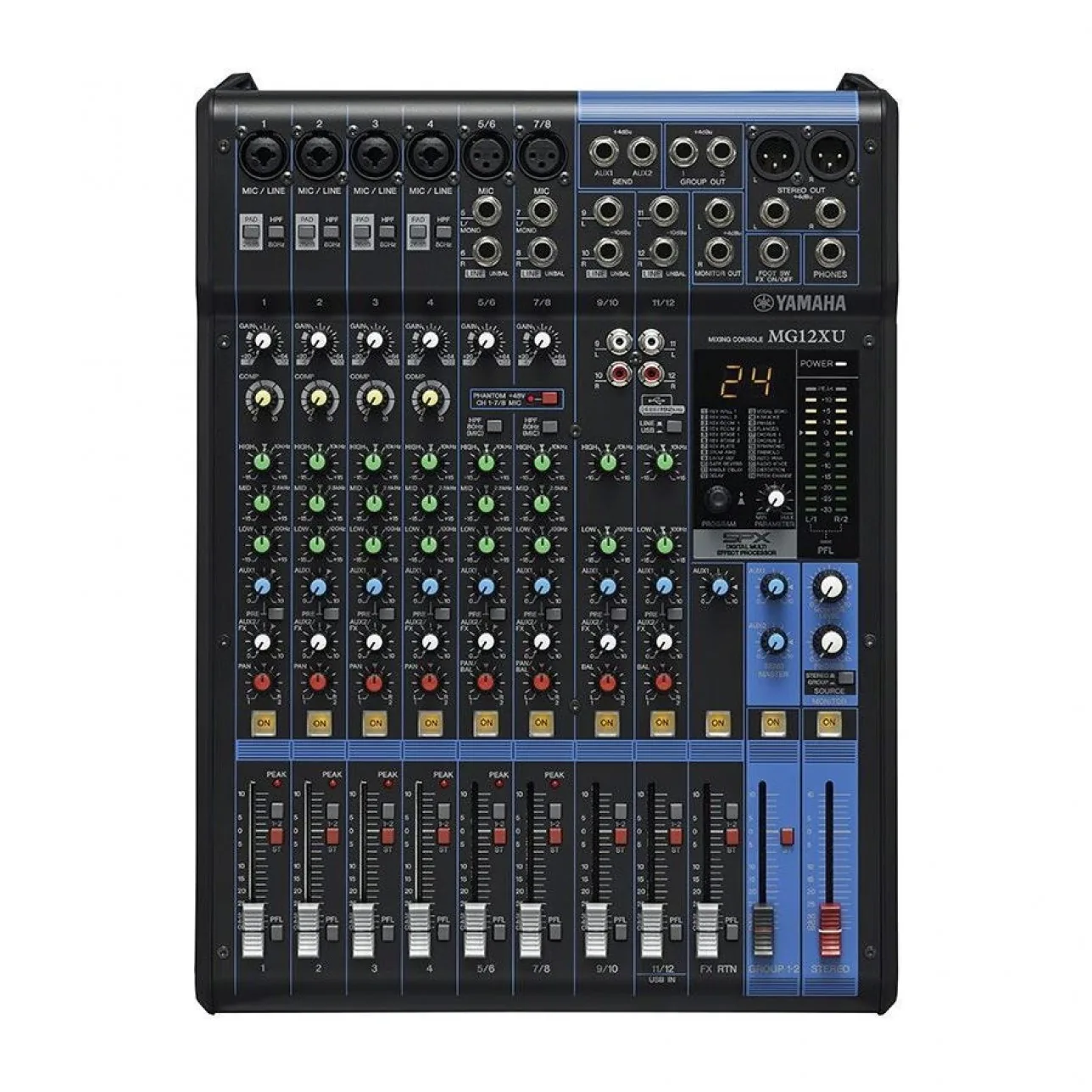 Yamaha MG12XU twelve-input mixer with FX and USB audio interface.