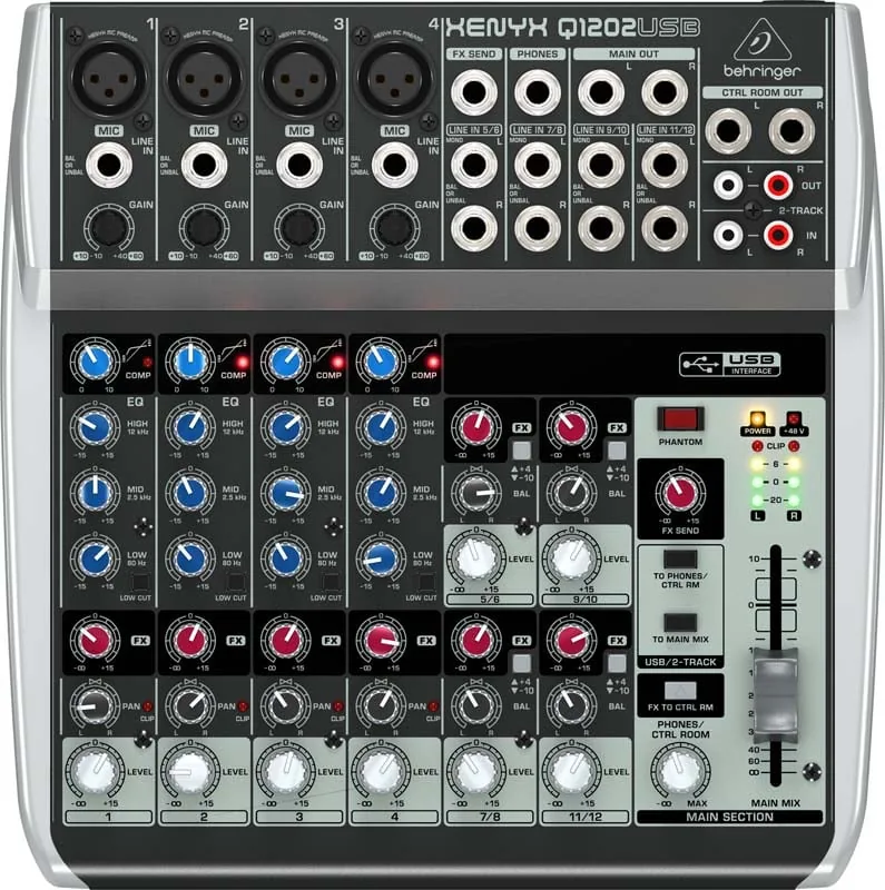 Behringer Xenyx Q1202USB twelve-channel mixer: knob-led control surface, no screen.
