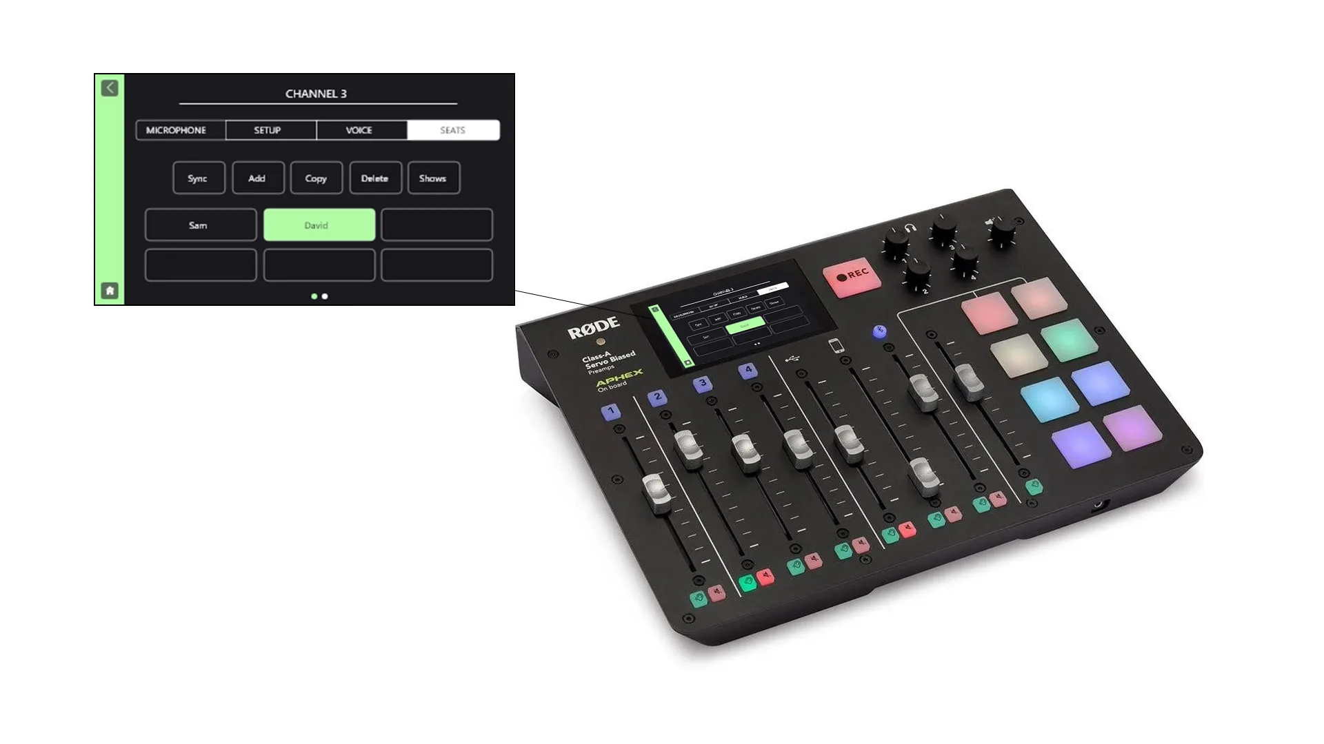 RØDECaster Pro on a desk: eight channel strips, central touchscreen, dedicated channel buttons.