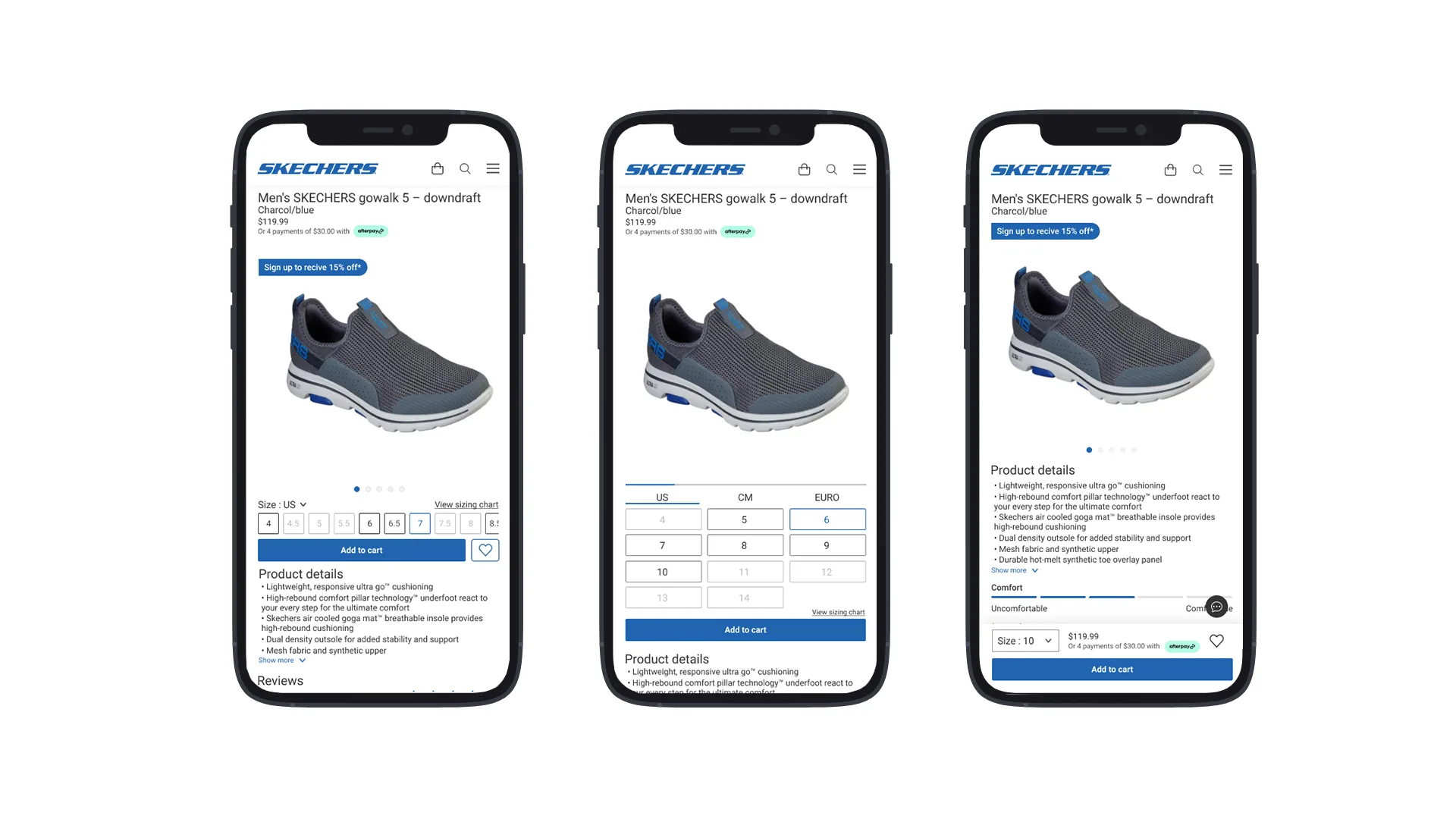 Three Skechers PDP mobile concepts side by side: image-led layout, info-led layout, and a hybrid leading with reviews.