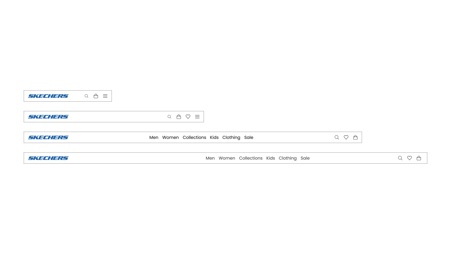 Final Skechers top navigation: square-cornered icons for search, account, wishlist, and bag, set against the navigation bar.