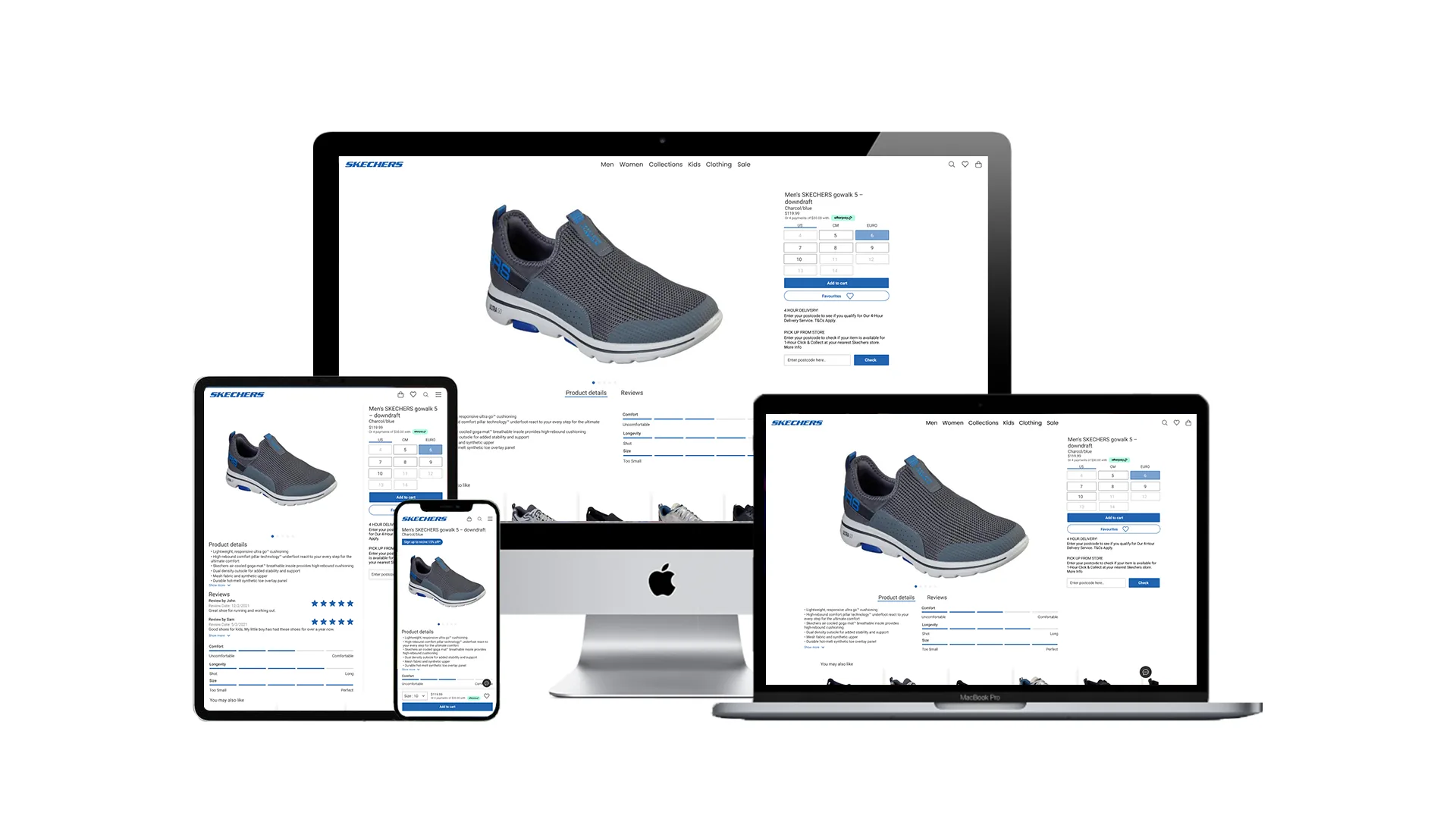 Skechers PDP final responsive design shown across mobile, tablet, and desktop: product imagery left, sizing and add-to-cart right, reviews above the fold on desktop.