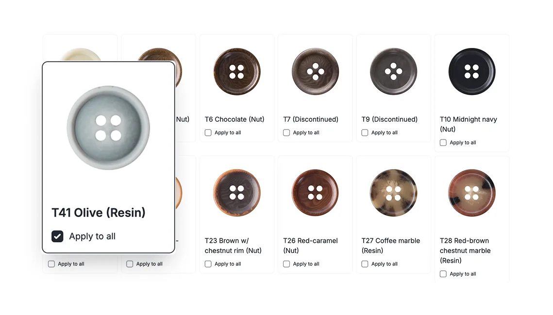 Apply-to-all dialog — propagate a button selection across all garments in a 2pc or 3pc suit.