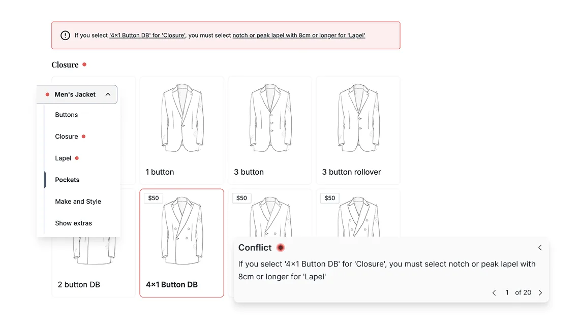 Conflict-handling drawer with anchor routing to the affected section.
