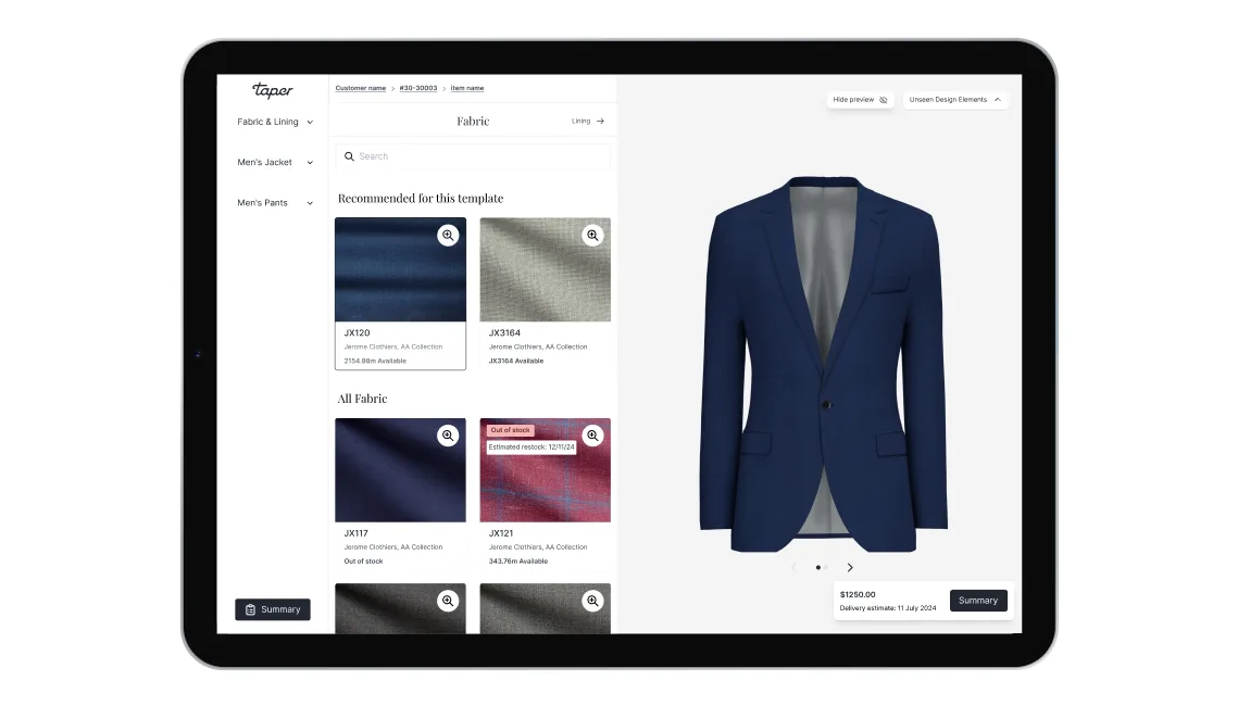 Taper Design 2.0 in iPad context — sales-floor use.