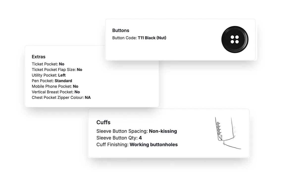 Suit design features — option components rebuilt for Design 2.0.