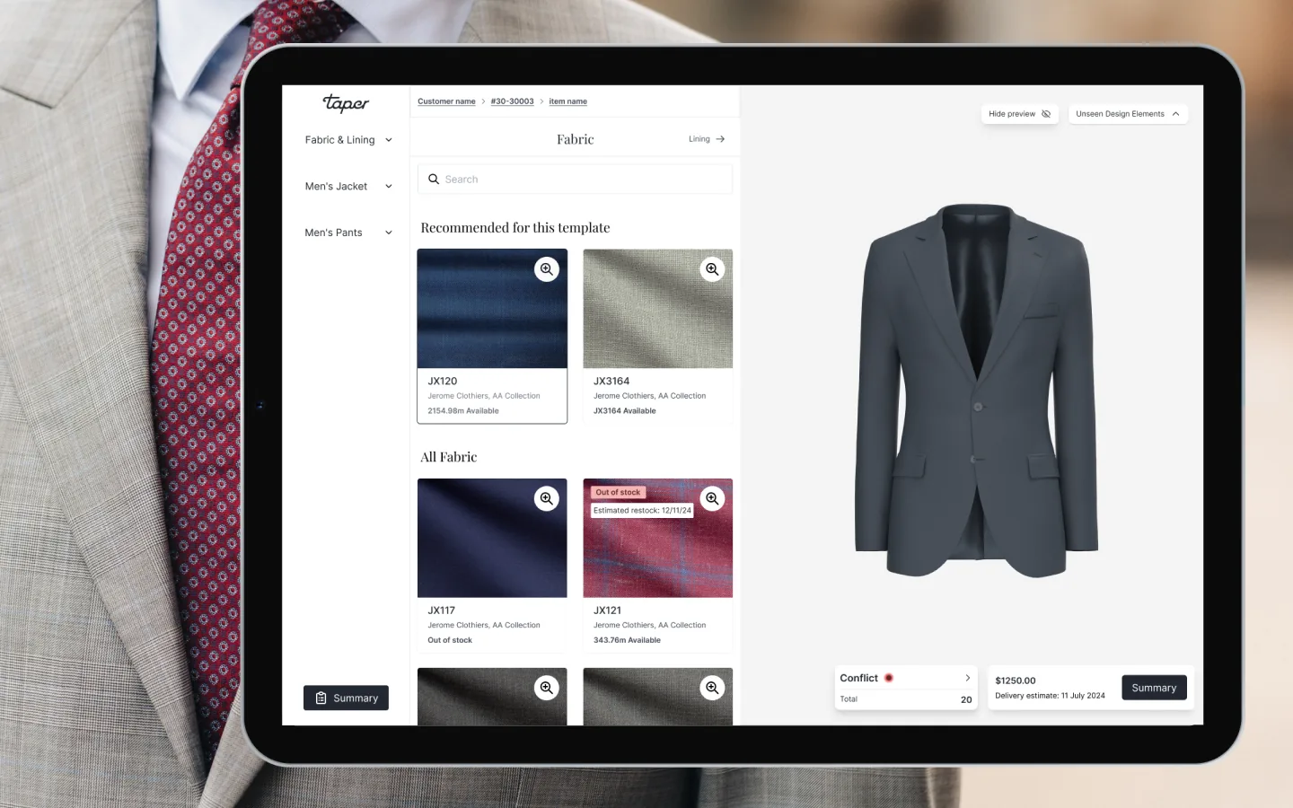 Taper Design 2.0: live garment visualiser with split-screen render and design panel.