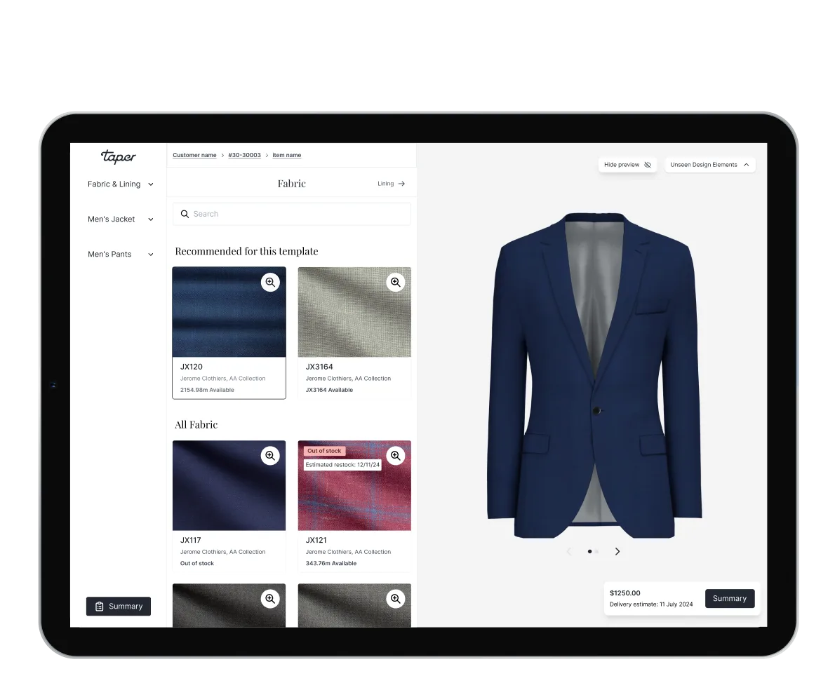 Taper Design 2.0: live garment visualiser with split-screen render and design panel.