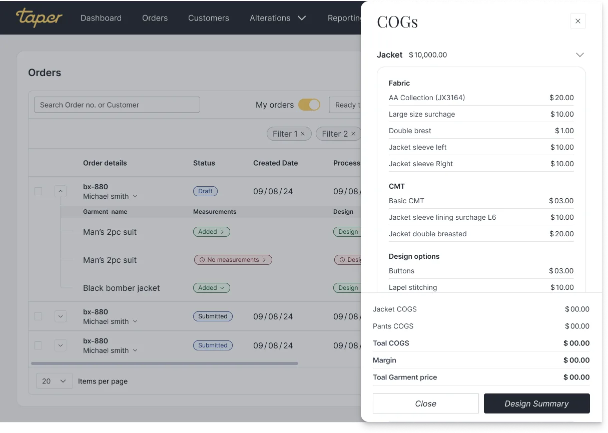 COGS breakdown showing line-by-line fabric, CMT, and surcharge values with refresh-from-source action.