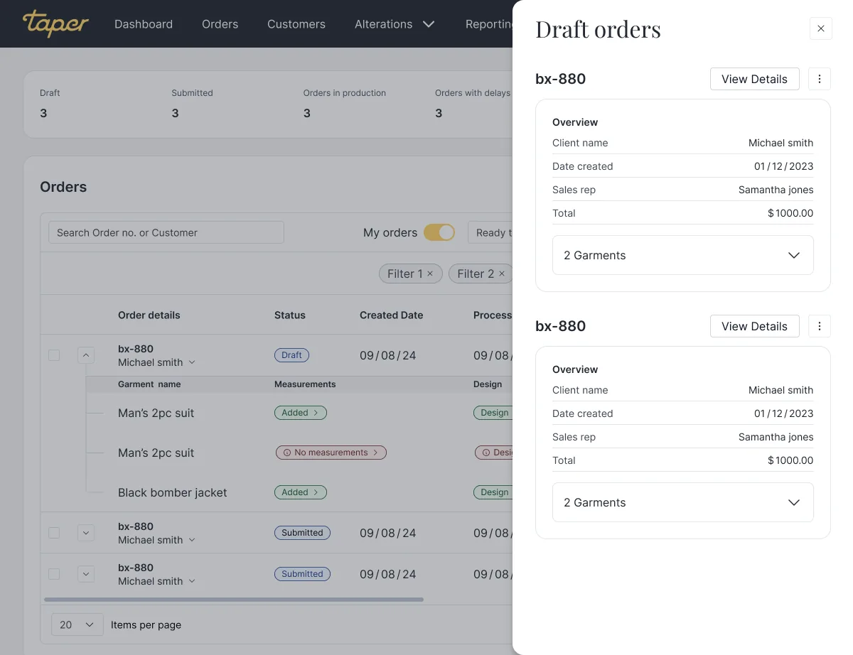 Order detail expanded view: full breakdown of garment, design, and shipping data.