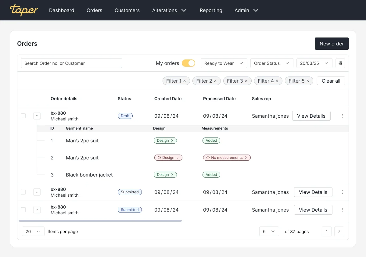 Order page open: material, design, and shipping details made visible at a glance.