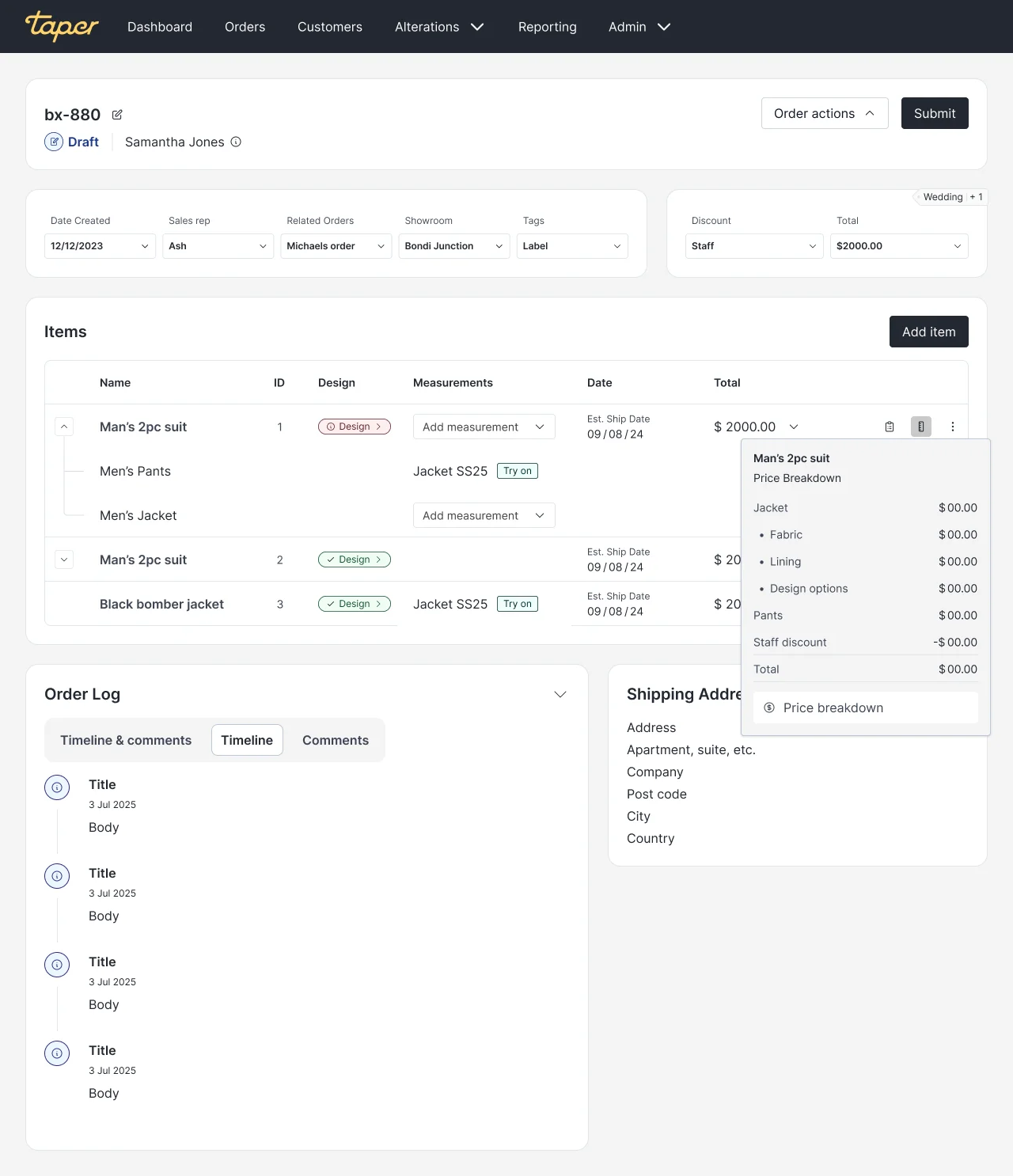 Taper orders page: list view with filter chips, status column, and an expanded row showing garment-level status.